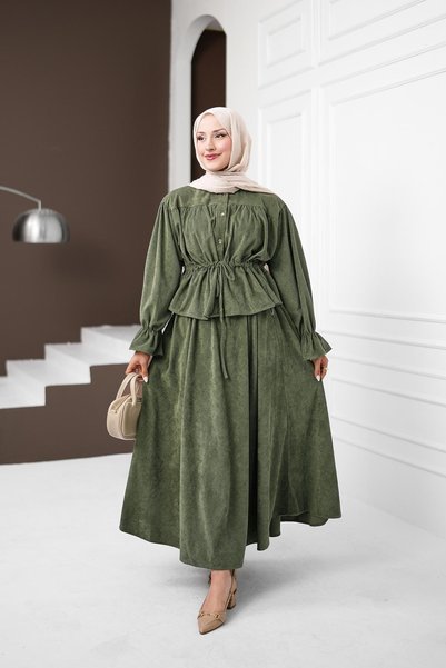 İmajButik بدلة مخملية كاكي بأزرار وخصر مطاطي مع تنورة