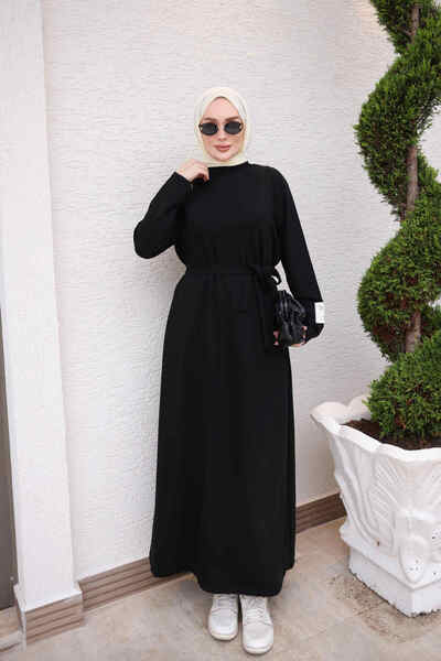 İmajButik Black Waist Belted Crew Neck Dress