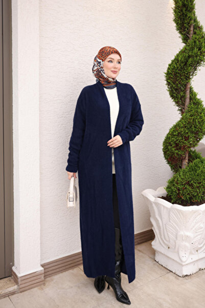 İmajButik Navy Blue Angora Soft Long Knit Cardigan