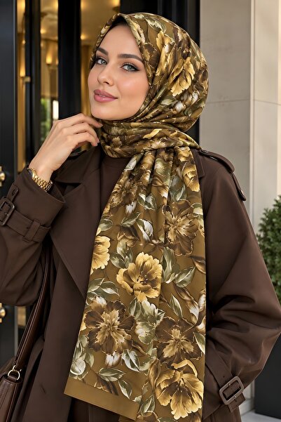 İmajButik كي. شال ناعم منقوش بنمط زهور أكوا أخضر زيتوني