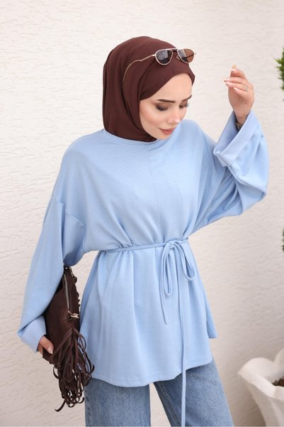 İmajButik Blue Tunic with Side Slits and Waist Drawstring