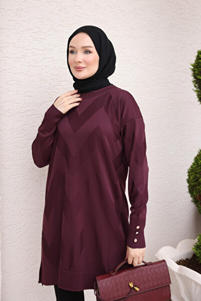 İmajButik Mürdüm Soğuk İplik Bisiklet Yaka Triko Tunik