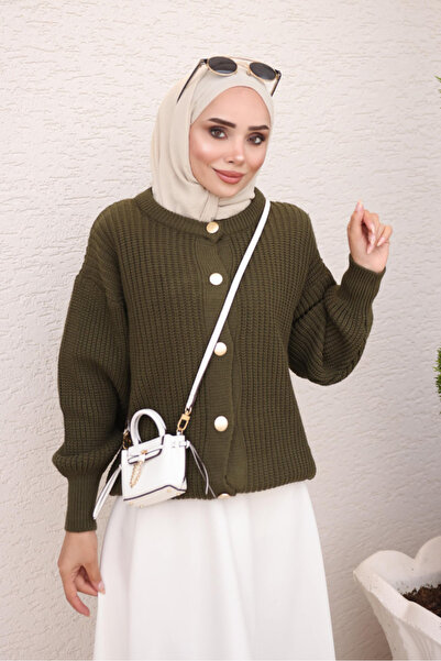 İmajButik Khaki Thessaloniki Knitted Buttoned Knitwear Cardigan