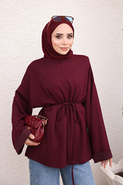 İmajButik تونيك بخصر مطاطي وفتحات جانبية من قماش البرقوق