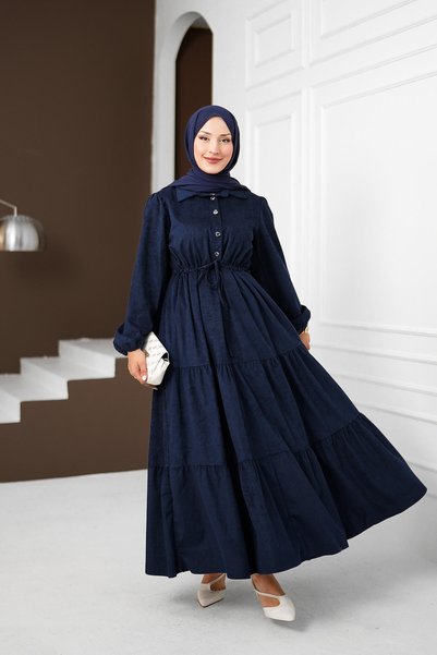 İmajButik Navy Blue Belted Layered Velvet Dress