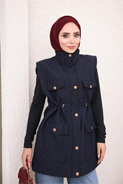 İmajButik سترة مبطنة باللون الأزرق الداكن مع أزرار وحزام خصر مطاطي