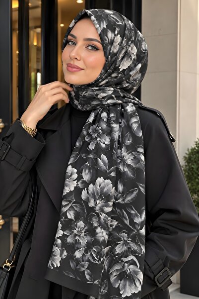 İmajButik شال ناعم بنقشة زهور أكوا أسود