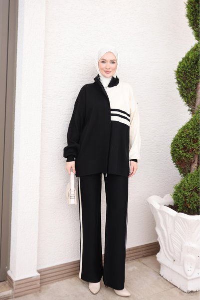İmajButik Black Striped Tunic and Trousers Knitwear Set