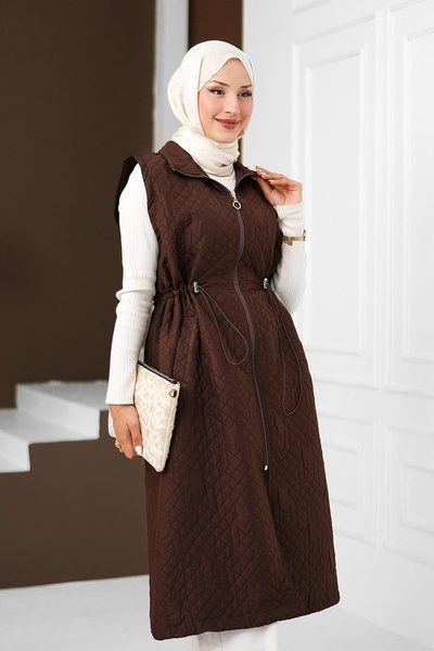 İmajButik Kahverengi Bel Lastikli Fermuarlı Uzun Kapitone Yelek