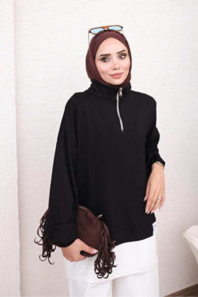 İmajButik Black Collared Zippered Modal Sweat Tunic