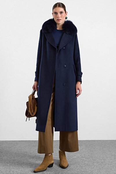 Olcay Premium Fabric Coat with Knit Stitching Detail and Detachable Fur Dark ...