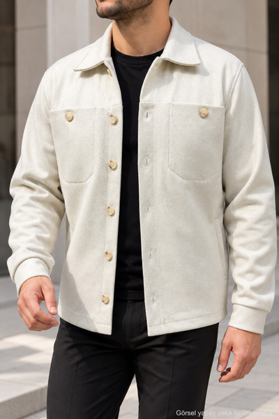 1434 Polo State Men's Double Pocket Buttoned Cashmere Textured Jacket - Ecru