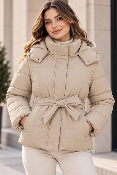 lumberjack Women's Beige Hooded Puffer Coat with Belted Waist Detail Winter Coat