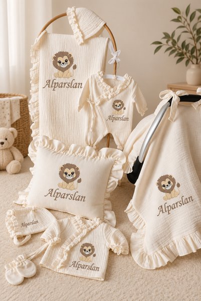 Baby Clime İsme Özel Baskılı 10'lu Müslin Hastane Çıkışı Seti 4 Kat %100 Pamu...