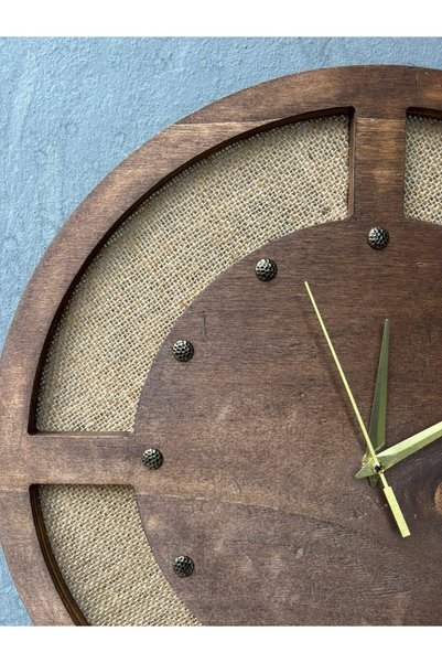 Nixar Desing Ahşap Duvar Saati Dekoratif Hasır Jüt Detaylı Rustik Vintage Saat | Sessiz Akar Mekanizma