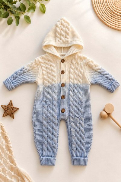dinamik çocuk Hooded baby knit jumpsuit with color transition knit pattern an...