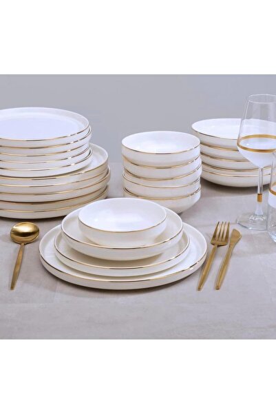 Generic 24 Piece Dinner Set for 6 People White Crockery with Gold Rim Scandinavian Porcelain Dinnerware Set