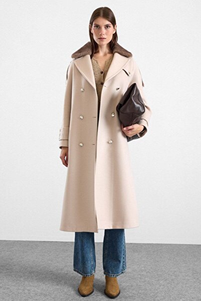 Olcay Removable Fur Metal Button Detailed Premium Fabric Coat Light Beige 3197