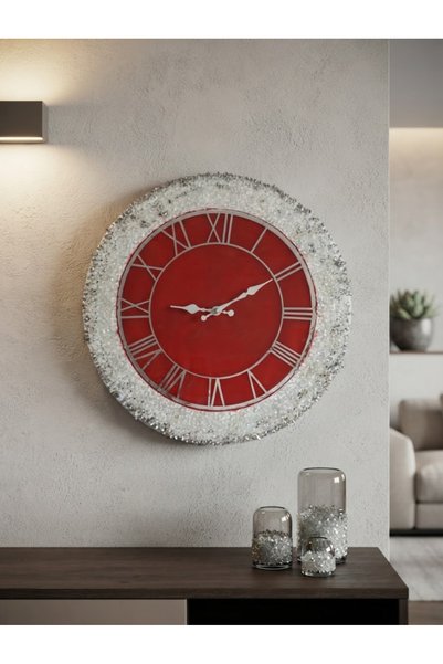 Dekoratif Kırmızı Epoksi Duvar Saati 40 cm – Gümüş Roma Rakamlı, Kırık Cam Taş Detaylı
