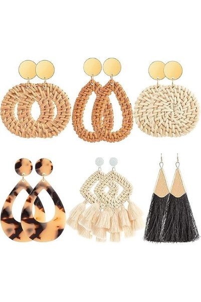 ALMEKAQUZ 6 Pairs Rattan Earrings for Women,Boho Straw Earrings,Vintage Ratta...
