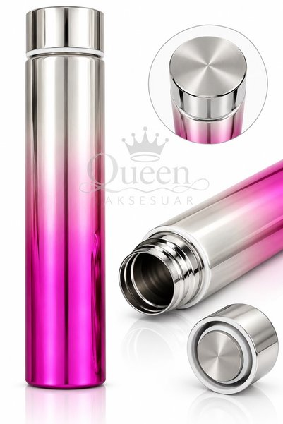 QUEEN AKSESUAR Lüks fuşya gümüş gri geçişli parlak metalik Slim ince uzun Çelik Termos 300ml 25cm İçecek matara suluk