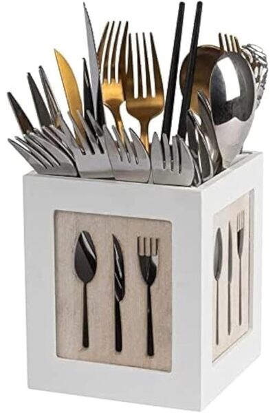 Generic Wooden Utensil Holder, White Kitchen Flatware Organizer, Decorative C...