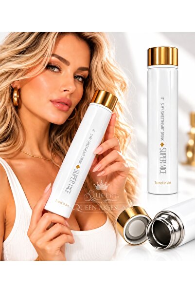 QUEEN AKSESUAR Luxury White Gold Gold Slim Thin Long Steel Thermos 300ml 25cm...