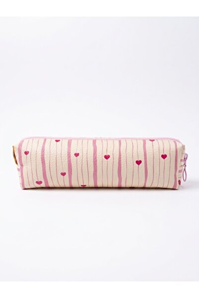 PALTO TASARIM Pink Striped Hearts Design Zippered Pen Holder - Single Compart...