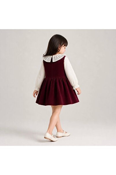Alvadonna Pearl Button Detailed Velvet Dress Baby Collar Ribbon Detailed Blouse Girls' Dress