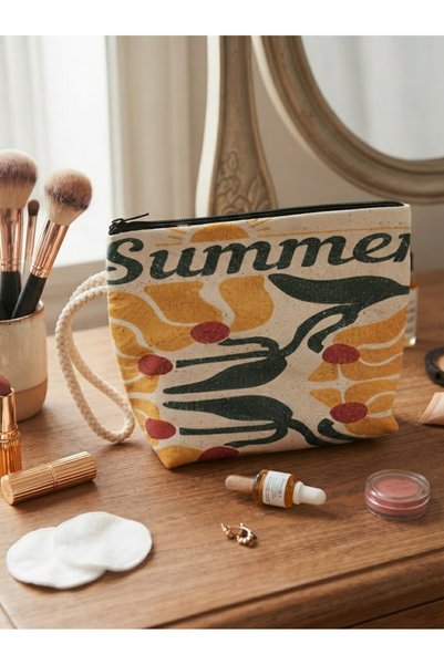 MOJOMIX Yellow Color Oval Cut Lined Canvas Fabric Front Back Patterned Multi-Purpose Makeup / Beach / Travel Bag 18*22 cm