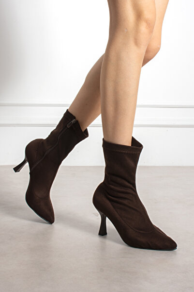 YARENAY Brown Luxury Suede Stretch Boots Pointed Toe Thin Heeled