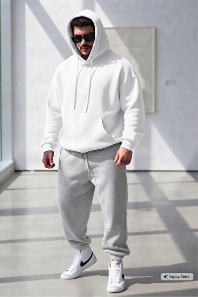 CAST COLLECTİON Men's White Combed Cotton Hooded Sweat Gray Tracksuit Bottom Set