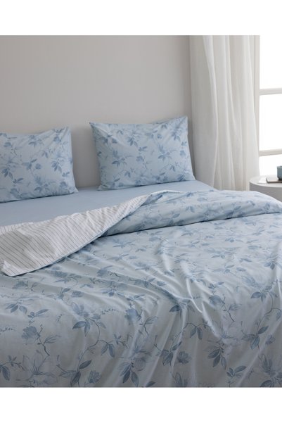Madame Coco Honorine Single 100% Cotton Ranforce Printed Bed Sheet and Duvet Cover Set - Blue