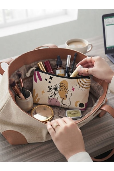 MOJOMIX Beige Color Canvas Fabric Front Back Patterned Multi-Purpose Makeup / Beach / Travel Bag 18*22 cm