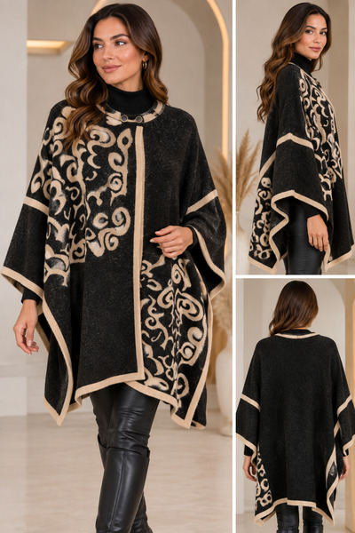 CNR TEKSTİL Women's Patterned Knitwear Poncho – Oversized Buttoned Collar Loo...
