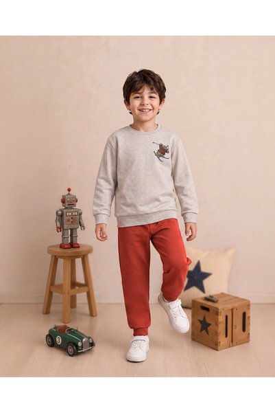 Elsima Boy's Cotton Interlock Skiing Bear Printed Long Sleeve Pajama Set Gray...