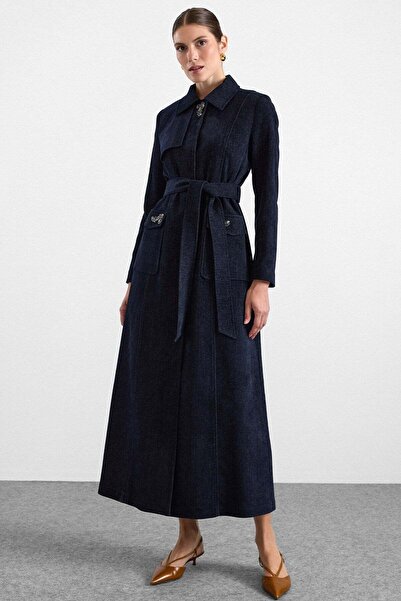 Olcay Stone Decorated Soft Touch Overcoat Dark Blue 6915