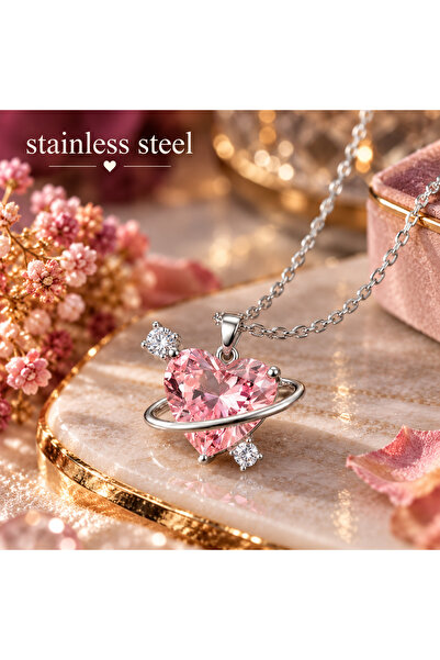 stainless steell Silver Color Chain with Pink Heart Motif Steel Necklace