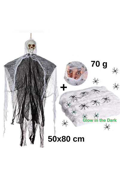 bebeLOGIC Decor Halloween Schelet Suspendabil Decorativ 50x80cm si Panza de Paianjen Glow In The Dark Fluorescenta, Fosforescenta, bebeLOGIC™
