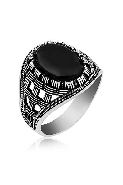 BlackCraft خاتم رجالي من حجر العقيق الفضي بتصميم منسوج