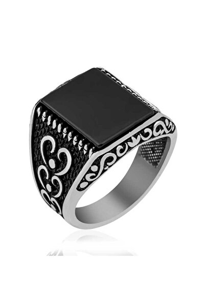 BlackCraft Silver Onyx Stone Patterned Men's Ring