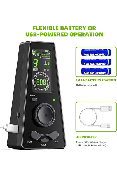 LEKATO Metronom digital cu contor vocal și ecran LCD, temporizator, mufă jack de 3,5 mm pentru căști, alimentare USB și cu baterii, pentru pian, chitară, vioară, tobe, negru