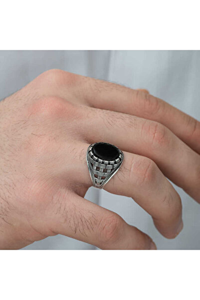 BlackCraft ​ Silver Onyx Stone Braided Pattern Men's Ring