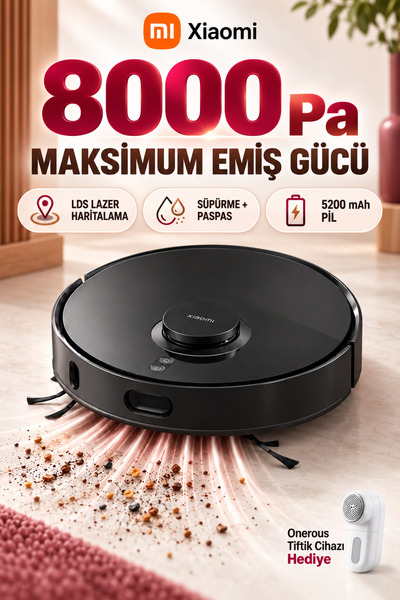 S10T Robot Süpürge 8000 Pa 250 ml Su Hazneli 5200 mAh Pilli Saç Dolaşmasını Azaltan Fırça Siyah + Tiftik Cihazı(Onerous)
