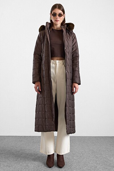 Olcay Zipper Closure Detachable Fur Hooded Long Quilted Coat Brown 6916