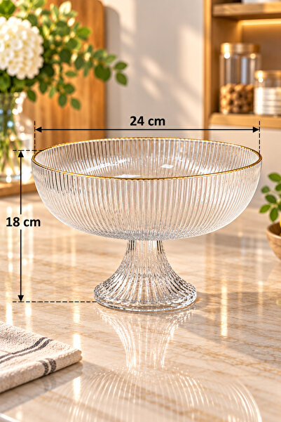 Karçiçeği Home Ayaklı Cam Meyvelik 24 cm Gold Yaldızlı Çizgili Dekoratif Sunum Kasesi