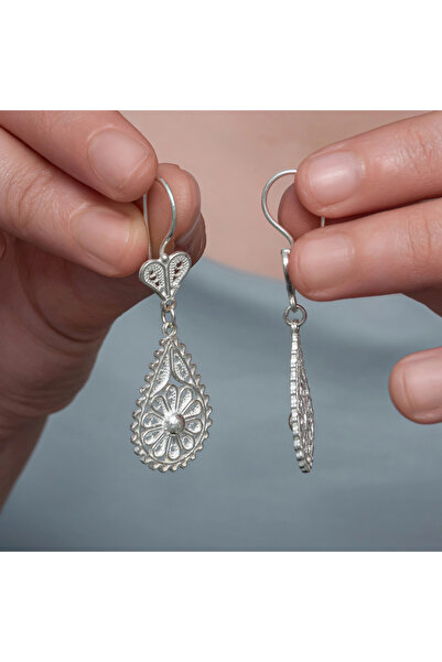 BlackCraft Silver Drop Daisy Filigree Women's Earrings