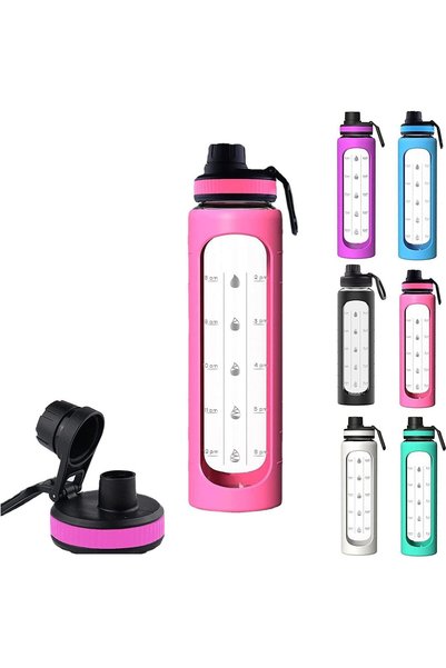 Generic 32 oz Glass Water Bottle with Straw Lid, Time Marker, Sleeve - Motiva...