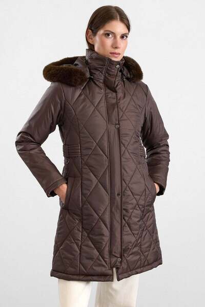 Olcay Removable Fur Hooded Zipper Closure Quilted Coat Brown 6923