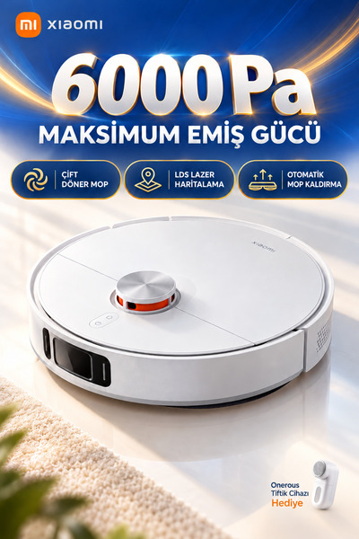 S20+ Robot Süpürge 6000 Pa Çift Döner Moplu 4 Emiş Seviyeli Mobil Uygulama Kontrollü Beyaz Renk + Tiftik Cihazı(Onerous)